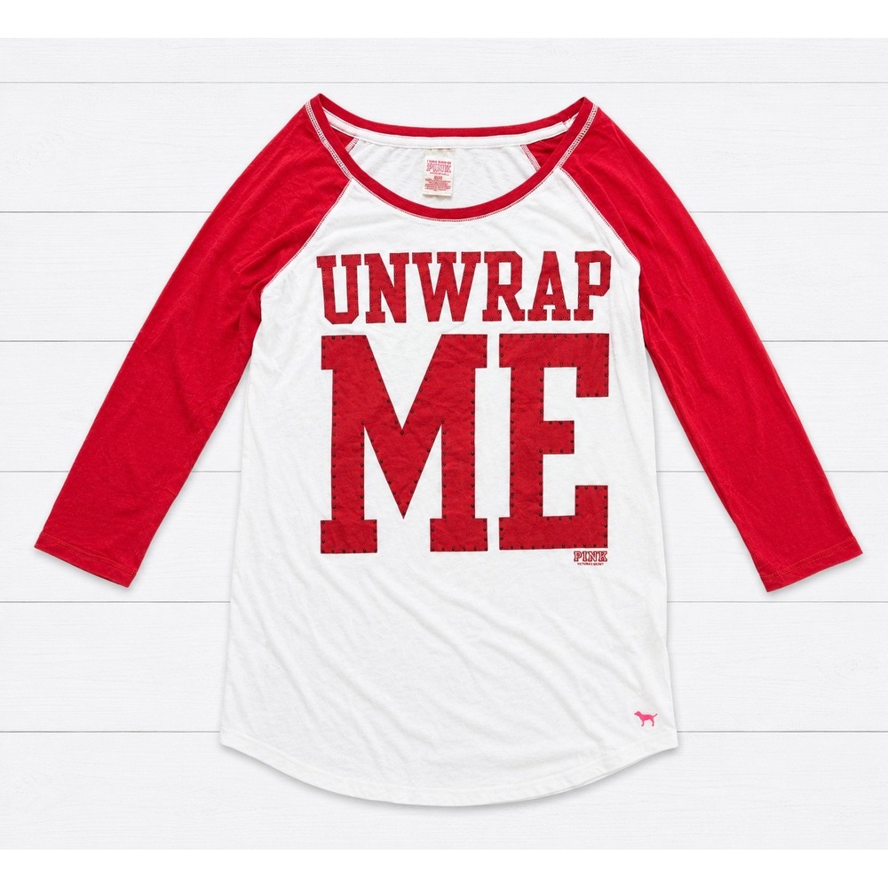 Victoria Secret PINK Unwrap Me Studded Raglan Sleep Shirt Red White Medium